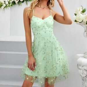 Shein Criss Cross Tie Back Floral Embroidery Mesh Cami Dress Size 6